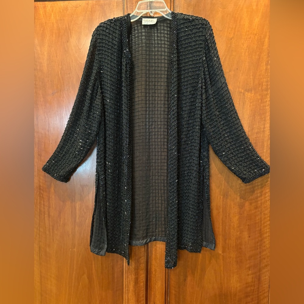 Menhu Bondhu Beaded Silk Jacket Black Size L Shimmer